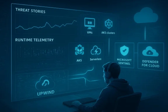 A person wearing headphones monitors a glowing blue security dashboard with cloud and AKS icons.