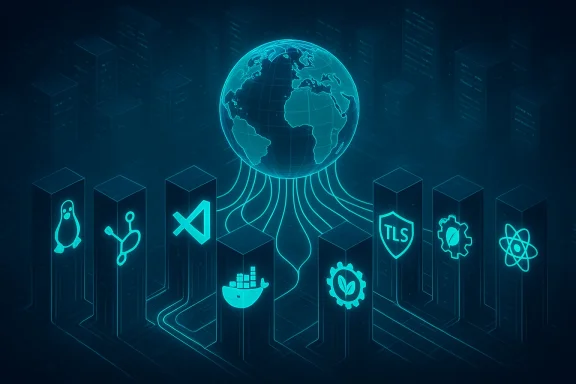 A glowing globe links to futuristic server pillars adorned with Linux, Docker, TLS, and other tech icons.