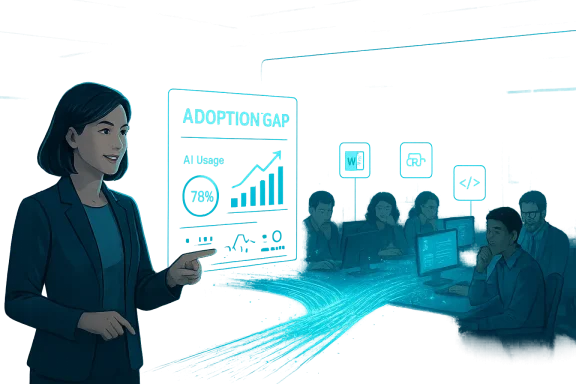 A woman presenter explains the AI adoption gap to a team of developers in a futuristic office.