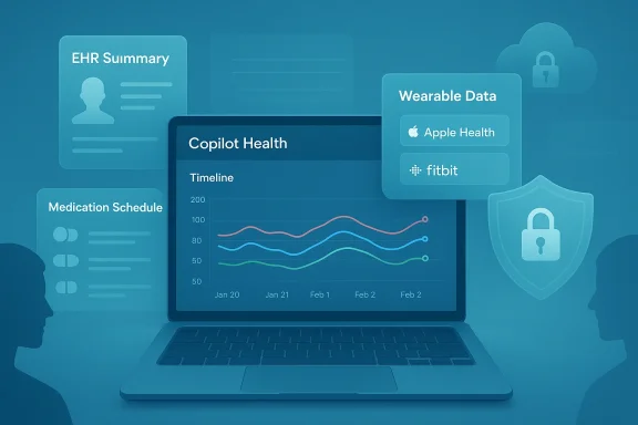 Laptop screen shows Copilot Health timeline with EHR, meds, and wearable data.
