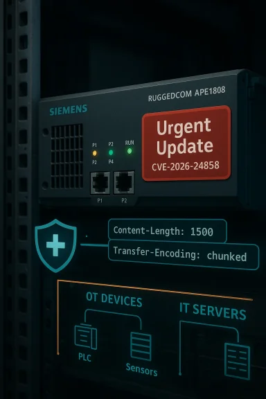 Siemens RuggedCom network device in a rack with an Urgent Update label (CVE-2026-24858).