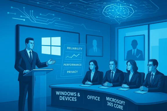 A presenter speaks to a panel about Windows & Office at a tech briefing.