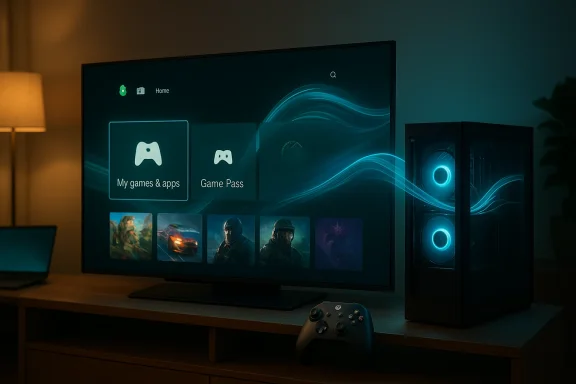 A cozy gaming setup with a large monitor showing Game Pass tiles, a glowing PC tower, and a controller.