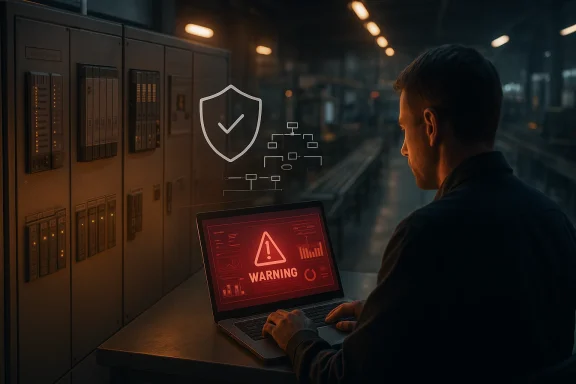 IT technician monitors a red warning on a laptop in a dim data center.