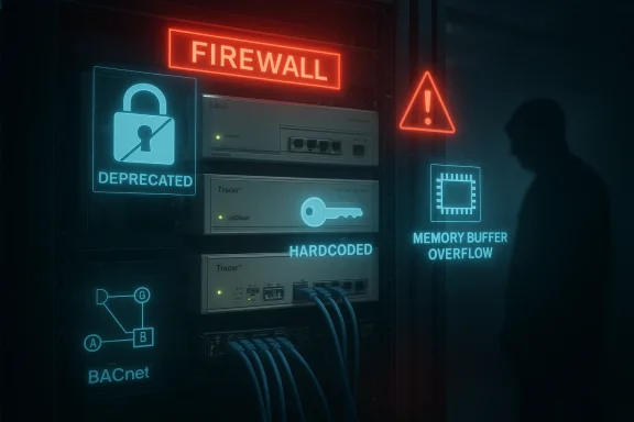 Neon-lit server rack labeled FIREWALL, DEPRECATED, HARD CODED; a shadowy figure nearby.