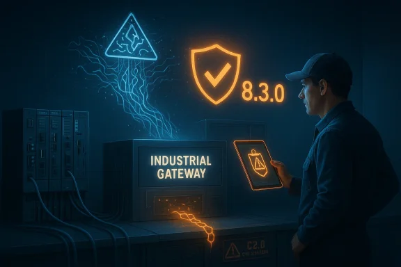 A technician surveys an Industrial Gateway console with a glowing tablet and neon security icons.