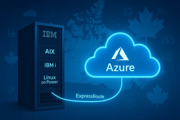 IBM servers run AIX and Linux on Power, connected to Azure via ExpressRoute.