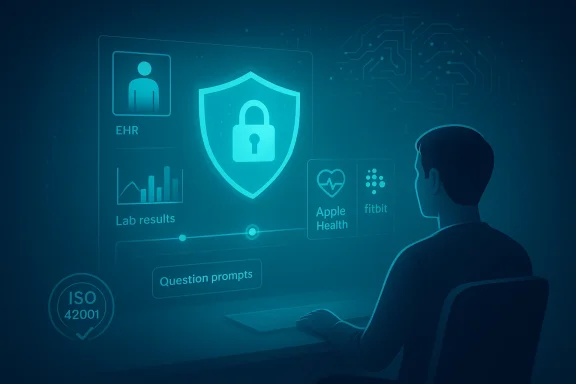 A person reviews a holographic health data dashboard with a security shield.