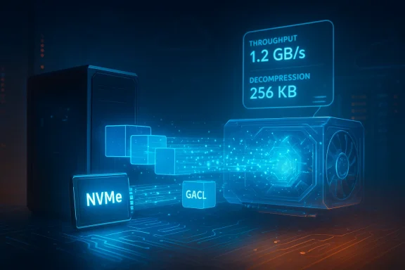 Futuristic data center with NVMe storage and a GPU-like accelerator showing 1.2 GB/s throughput.