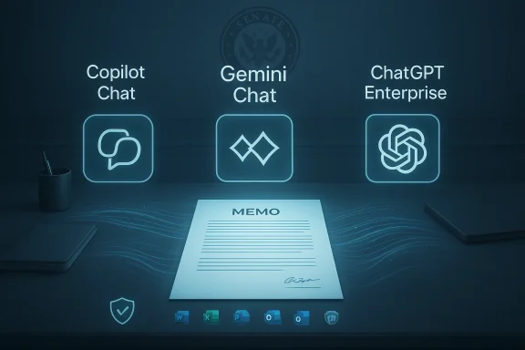 Futuristic desk with glowing AI chat icons: Copilot Chat, Gemini Chat, and ChatGPT Enterprise.