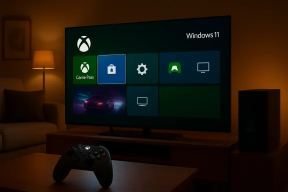 A living room with a TV displaying Windows 11 tiles and an Xbox controller on the coffee table.