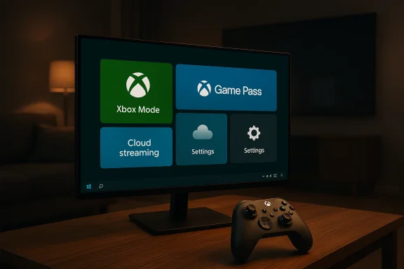 Xbox home screen on a monitor with Game Pass, Xbox Mode, Cloud streaming, and a controller on a desk.