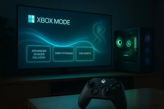Neon teal Xbox Mode screen with three feature cards, a glowing PC tower, and a controller in the foreground.