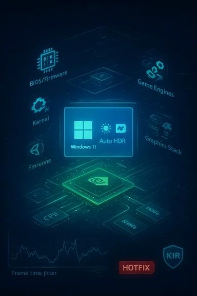 Futuristic tech diagram centered on Windows 11 Auto HDR with PC hardware layers.