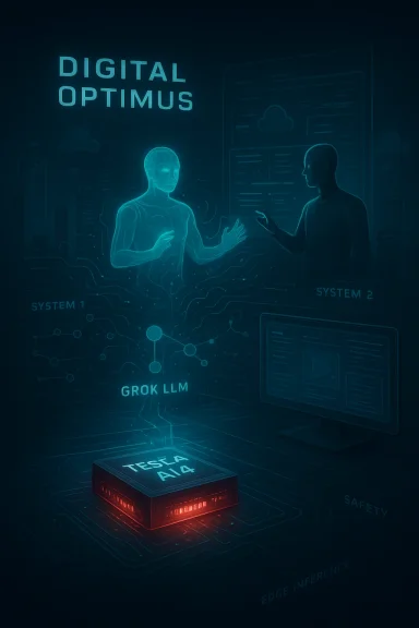 A futuristic digital AI scene with a glowing holographic figure and a Tesla AI4 chip.