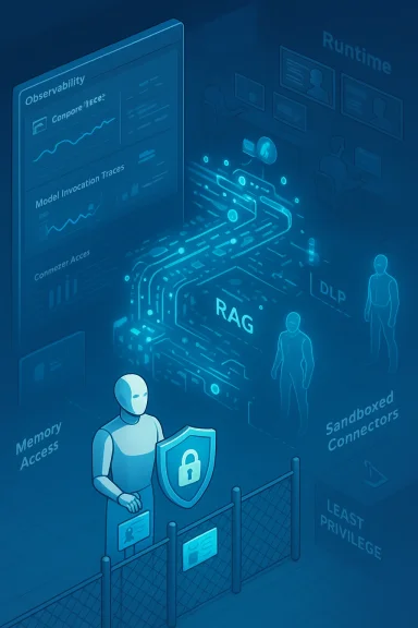 Blue, futuristic diagram showing secure access, observability panels, and protective barriers around a tech system.