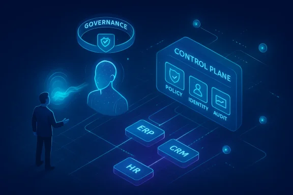 A blue holographic interface displays governance, policy, identity, and ERP/CRM/HR integration.