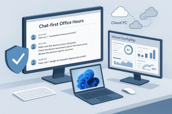 Workstation with chat-based support, cloud PC access, and Intune/ConfigMgr dashboards.