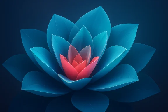 Blue lotus with pink center and layered petals against a dark blue background.