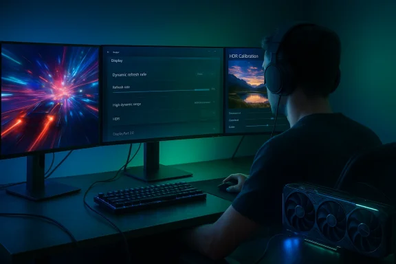 Person wearing headphones sits at a multi-monitor PC setup, adjusting display and HDR settings.