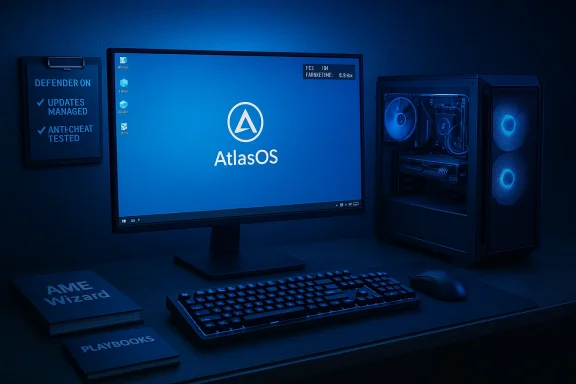 Blue-lit desk setup featuring AtlasOS on the monitor, a glowing PC tower, keyboard, and mouse.