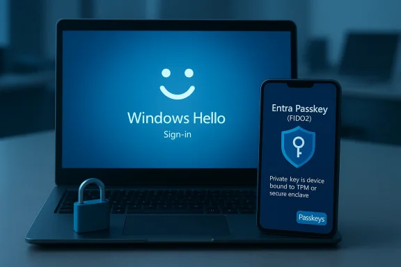 Laptop shows Windows Hello sign-in; phone displays Entra Passkey (FIDO2) security.