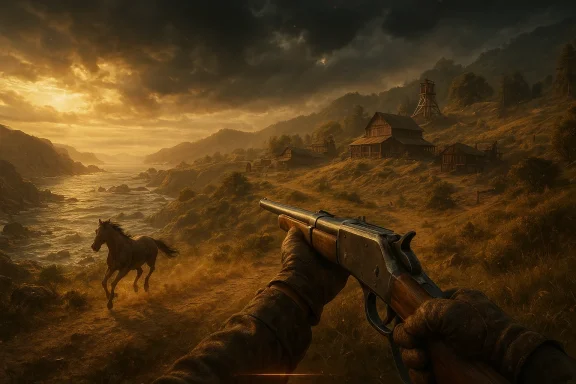 First-person view of a hunter aiming a rifle at a fleeing horse along a rugged frontier at sunset.