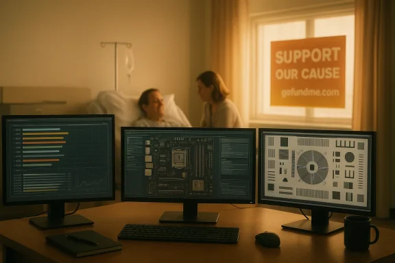 Hospital room with three monitors on a desk as a patient chats with a caregiver near a GoFundMe sign.