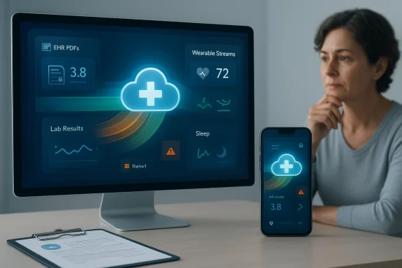 Cloud-based health dashboard displayed on a computer monitor and a smartphone.
