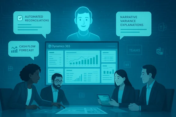 Team reviews Dynamics 365 dashboards for automated reconciliations and cash flow forecasts.