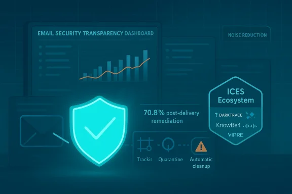 A digital email security dashboard showing charts, a glowing shield, and post-delivery remediation metric.