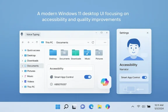 A modern Windows 11 desktop UI emphasizing accessibility and quality improvements.