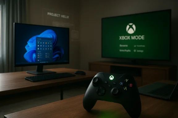 Xbox controller in the foreground with a dual-monitor gaming setup, one showing Windows and the other Xbox Mode. Xbox controller in the foreground with a dual-monitor gaming setup, one showing Windows and the other Xbox Mode.