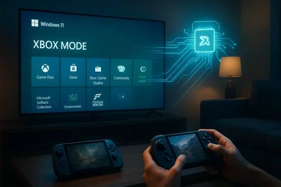 Windows 11 Xbox Mode dashboard on a TV while a gamer plays on a handheld console. Windows 11 Xbox Mode dashboard on a TV while a gamer plays on a handheld console.