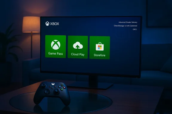 Xbox dashboard on a monitor shows Game Pass, Cloud Play, and Storefront; controller rests on the desk.