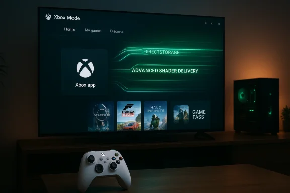 Xbox home screen on a TV, highlighting DirectStorage and Advanced Shader Delivery.