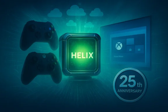 Glowing HELIX chip between two Xbox controllers, with a 25th anniversary badge.