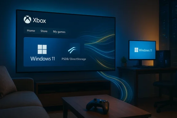 A cozy living room gaming setup with a large wall-mounted Xbox Windows 11 display and a second Windows 11 monitor.