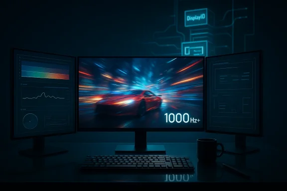 Three-monitor workstation with a fast red car blur on the center screen, labeled 1000 Hz+.