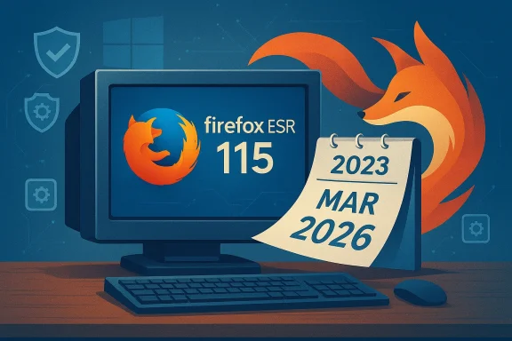 Firefox ESR 115 shown on a monitor with a calendar marked March 2026.