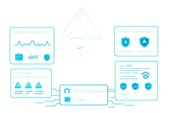 A futuristic cyan Azure dashboard showing modules like Runtime Telemetry and Azure Marketplace.