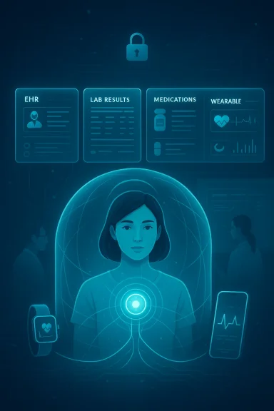 A futuristic holographic health interface displays a patient with wearables and digital medical data panels.