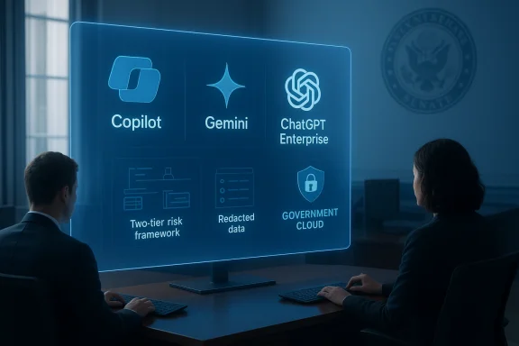 Two professionals review AI tools (Copilot, Gemini, ChatGPT Enterprise) on a glowing holographic display.