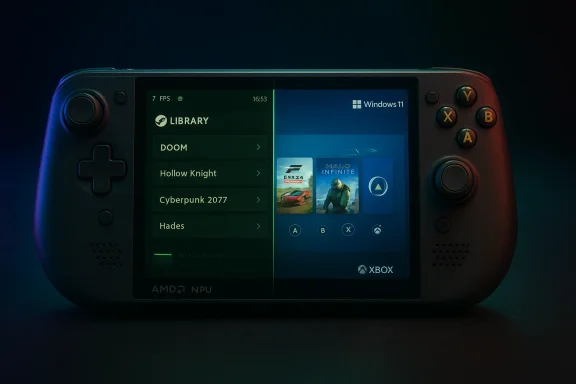 A handheld game console displays a split-screen UI, Linux library left and Windows 11 right.