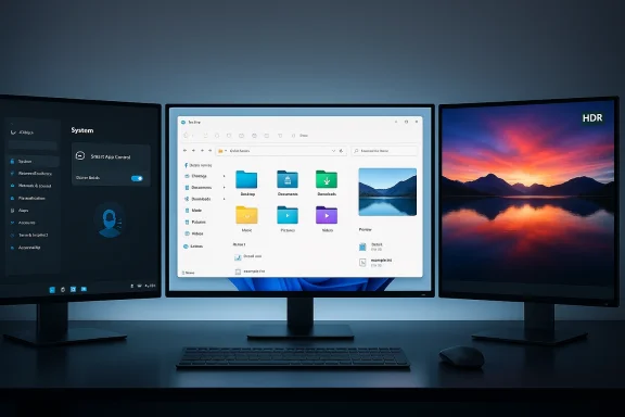 Three-monitor desk setup showing a central file explorer, left system panel, and right HDR sunset wallpaper.