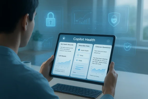 A person uses a tablet to view the Copilot Health dashboard with health data.