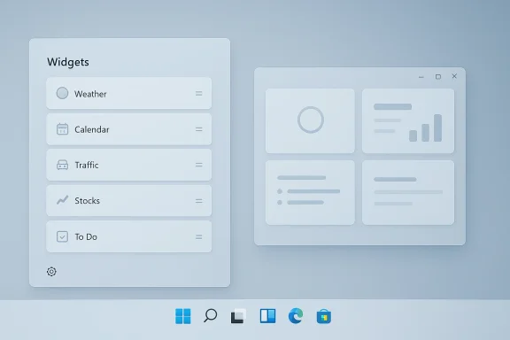 Blue UI mockup: a Widgets panel listing Weather, Calendar, Traffic, Stocks, To Do, beside a grid dashboard.