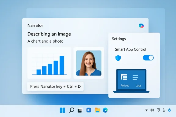 Narrator panel describing an image: a chart and a photo, with a Settings card.