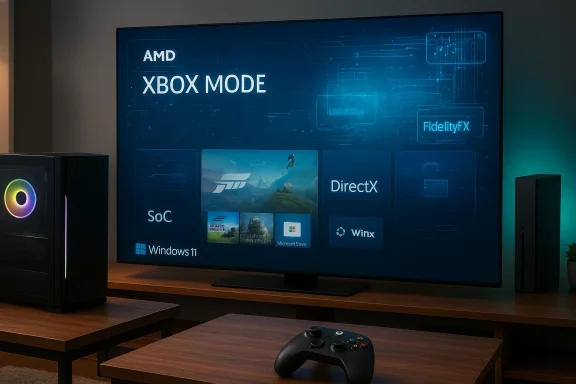 Gaming setup with a large screen showing AMD XBOX MODE, a PC on the left and a console on the right. Gaming setup with a large screen showing AMD XBOX MODE, a PC on the left and a console on the right.
