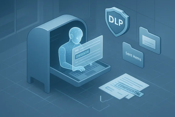 A digital figure handles confidential data inside a laptop, protected by a DLP shield.